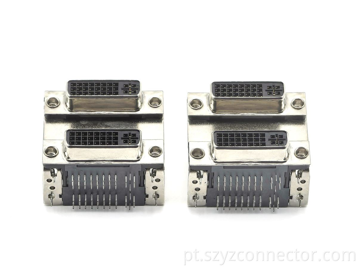 Conector DVI Dualport: DVI-24 + 5 Receptáculo fêmea em ângulo reto DIP para montagem em painel de plástico preto DVI Dualport Connector: DVI-24+5 Female Receptacle Right-Angle DIP Panel-Mount Black Plastic